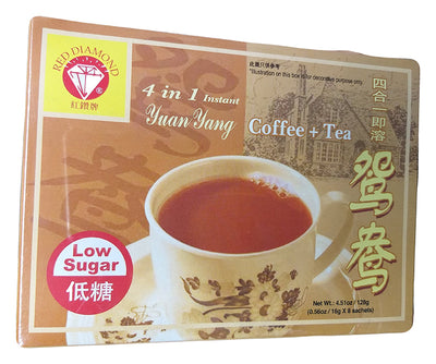 Red Diamond - 4 in 1 Instant Yuan Yang Coffee & Tea (Low Sugar), 4.51 Ounces, (1 Box)