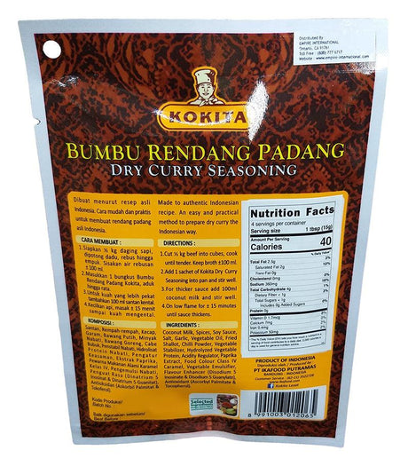 Kokita - Bumbu Rendang Padang Dry Curry Seasoning, 2.11 Ounces, (1 Pouch) - Mighty Depot