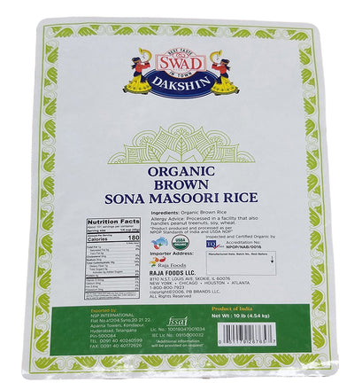 Swad - Organic Brown Sona Masoori Rice, 10 Pounds, (1 Bag)