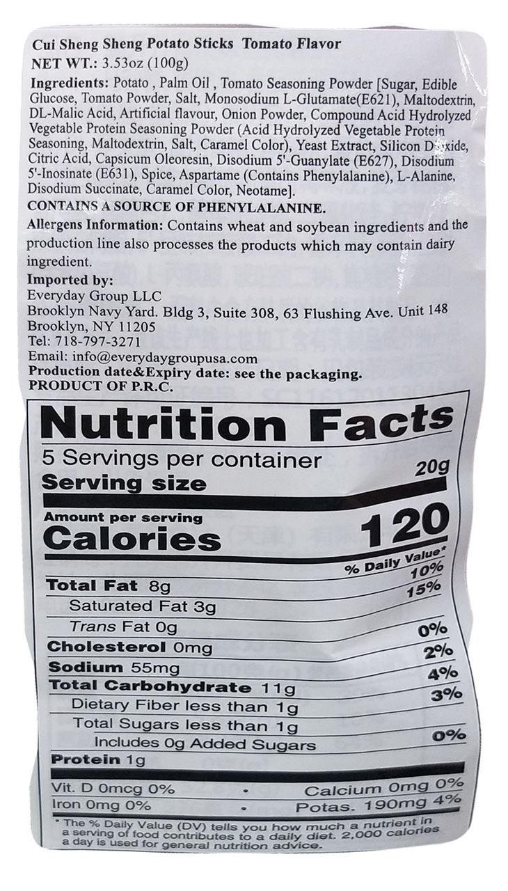 Cui Sheng Sheng - Potato Sticks (Tomato), 3.53 Ounces (1 Pouch) - Mighty Depot