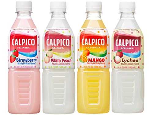 CALPICO 4 Flavor Pack, Japanese Drink Pack. Contains Juice Concentrate - Strawberry, Lychee, White Peach, and Mango. 16.9 FL oz. (Pack of 24)