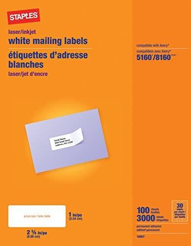 Staples White Mailing Labels for Laser Printers, 1 x 2.62 Inch, 100 Sheets, 3000 Labels - Mighty Depot