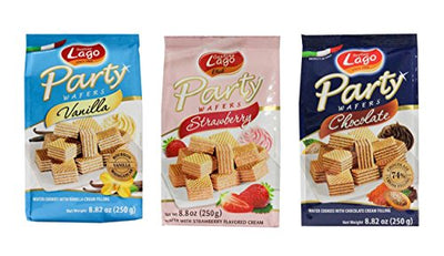Gastone Lago Party Variety Wafers Cream Filling 8.82 oz, 250g (Pack of 3) (Chocolate / Vanilla / Strawberry, 3-Pack)