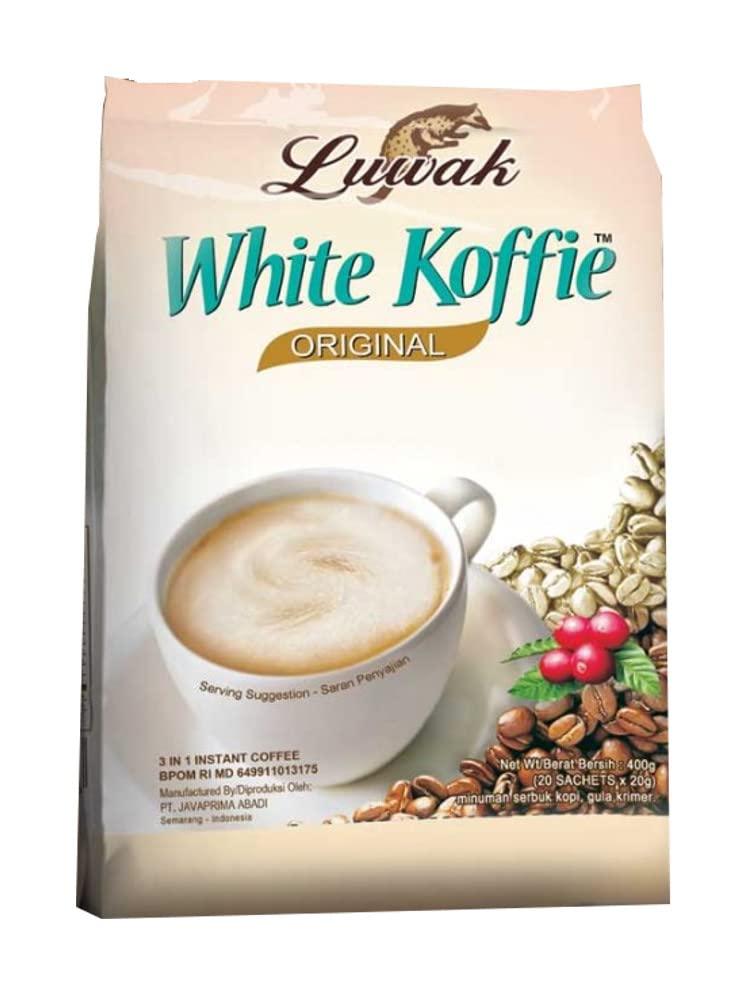Kopi LUWAK LOW ACID, 100% Pure Wild & Orgranic Civet Coffee, Instant WHITE KOFFIE (3 in1) 20 gram (Case of 10 Bags/200 Sachets) - Mighty Depot