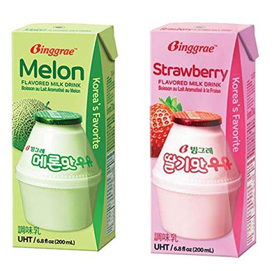 Binggre Milk Series; Banana, Strawberry, Melon & Mix; Each Pack 200ml, 6.8 Fl oz; 빙그레 우유(바나나, 딸기, 멜론) (Mix(Strawberry+Melon), 12 Packs(Each Flavor 6 Packs))
