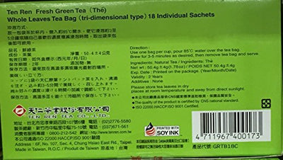1.78oz TenRen Fresh Green Tea, Whole Leaves, 18 Tea Bags (Pack of 1)