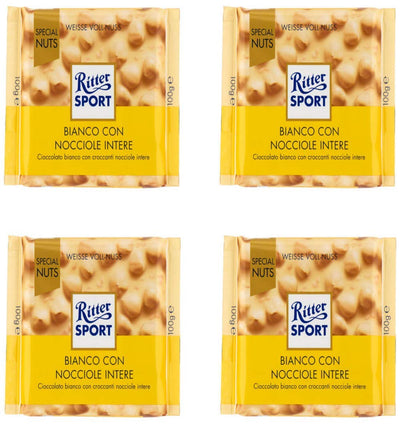 Ritter Sport: White Chocolate with Whole Hazelnuts, 3.5-Ounce/100g Bars, pack of 4