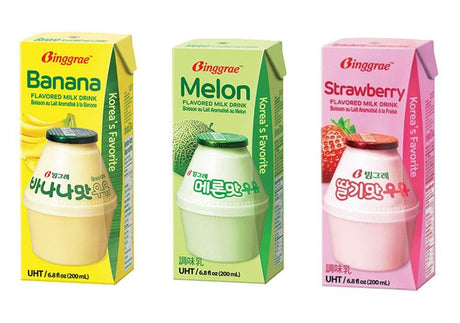 Biggrae Flavored Milk Series; Banana(6), Strawberry(6), Melon(6); 6.8 Fl oz; 18 Packs (Each Flavor 6 Packs) - Mighty Depot