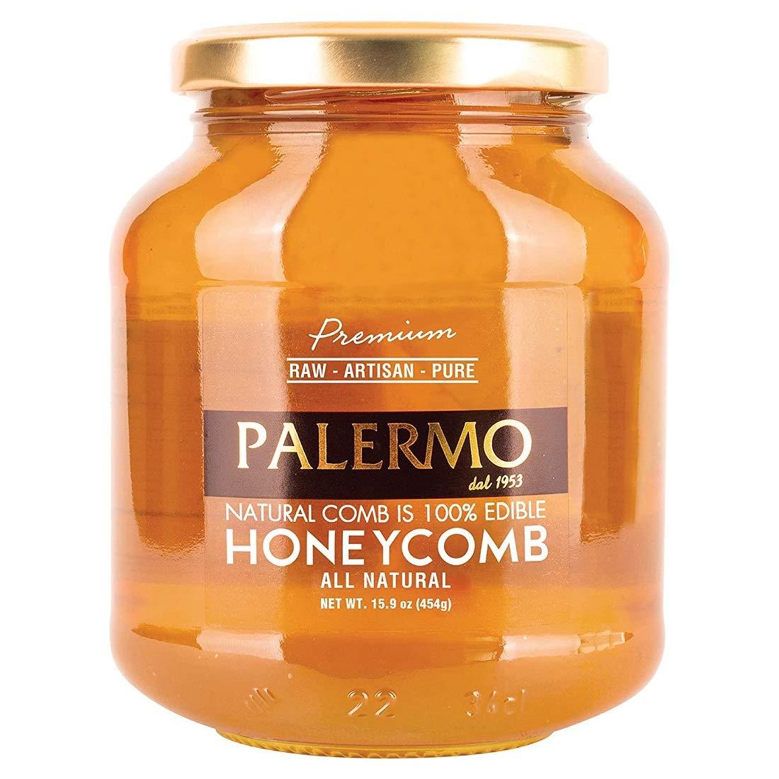 Two Palermo Premium Honey With Comb, 100% Edible, All Natural, Raw, Artisan, Pure HoneyComb (15.9 OZ @ Jar) - Mighty Depot