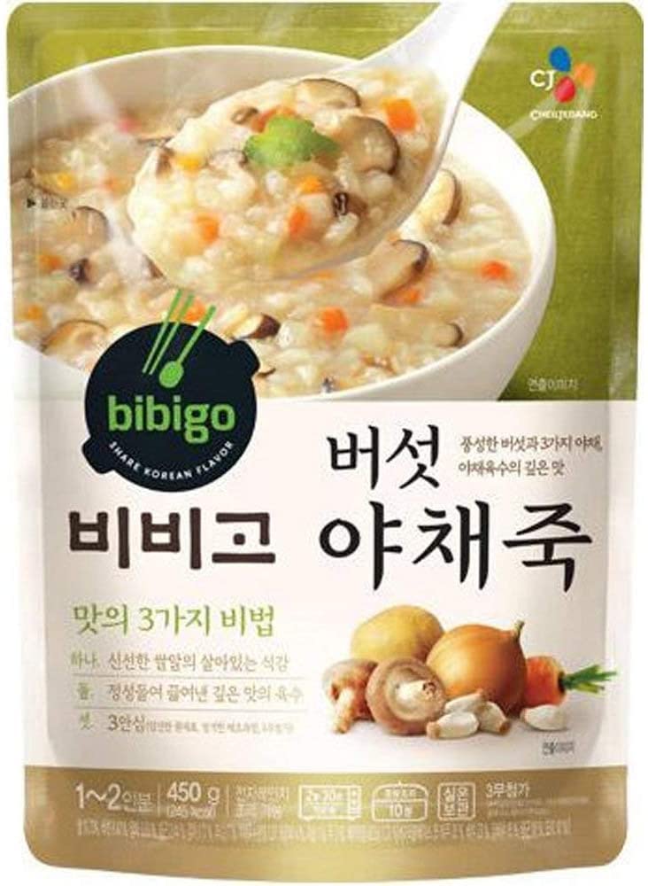 CJ Foods BIBIGO Rice Porridge with Mushroom and Vegetable Korean Ready Meal Healthy Instant Porridge 450g - (Pack of 1)