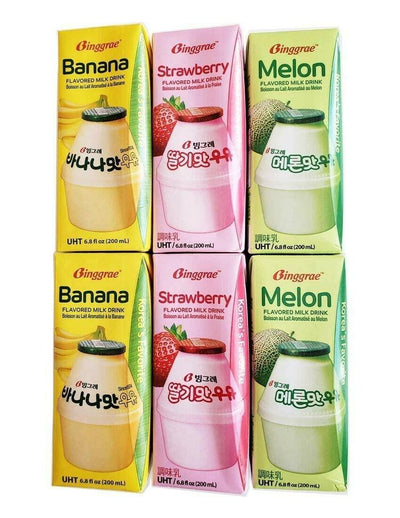 Binggrae Variety Banana, Strawberry, Melon Flavored Milk Drink 6 Packs