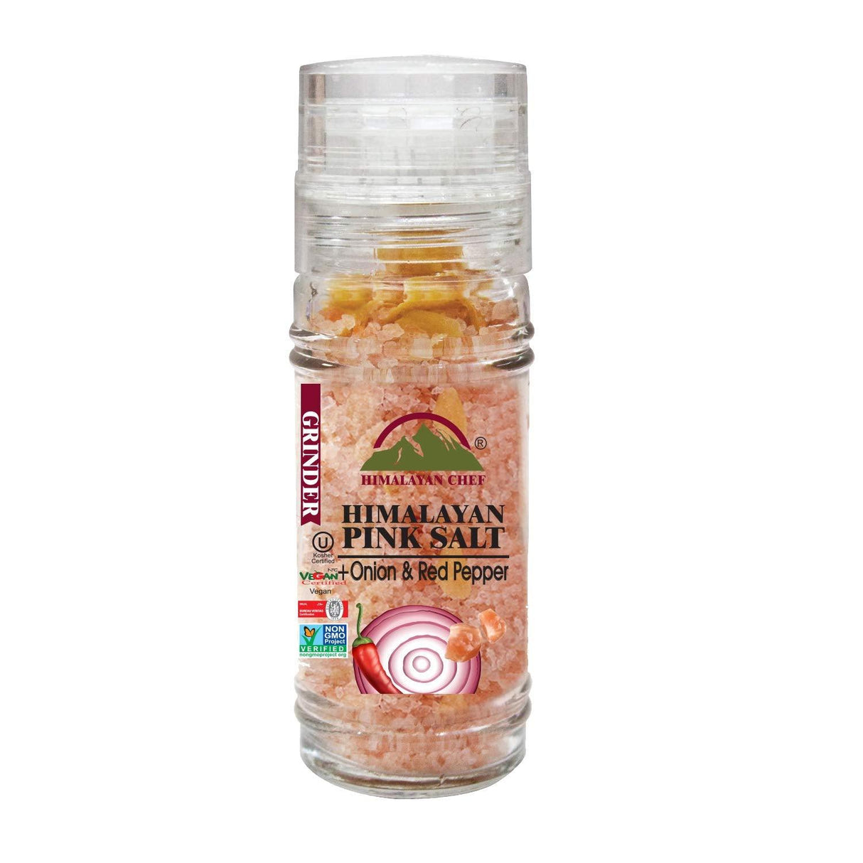 Himalayan Chef Himalayan Pink Salt with Roasted Onion & Red Crushed Pepper-Glass Grinder - Mighty Depot