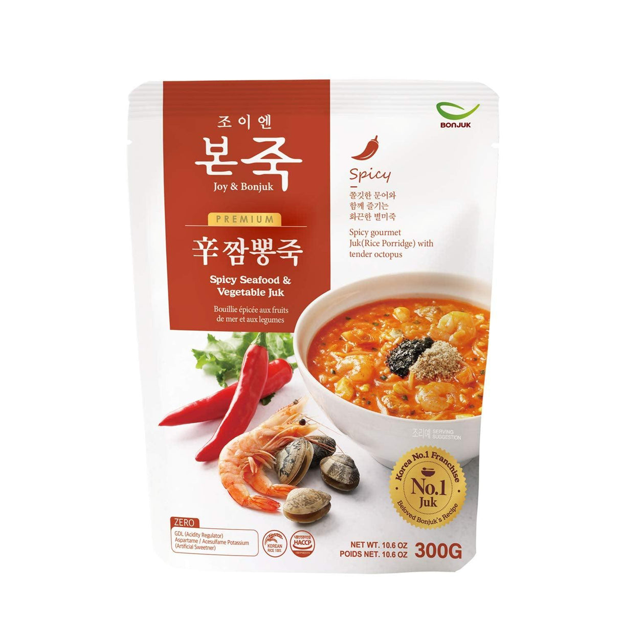 BONJUK Spicy Seafood & Vegetable (Juk) Rice Porridge - Ready to eat meal (300g), Easy to prepare porridge pouch - Mighty Depot