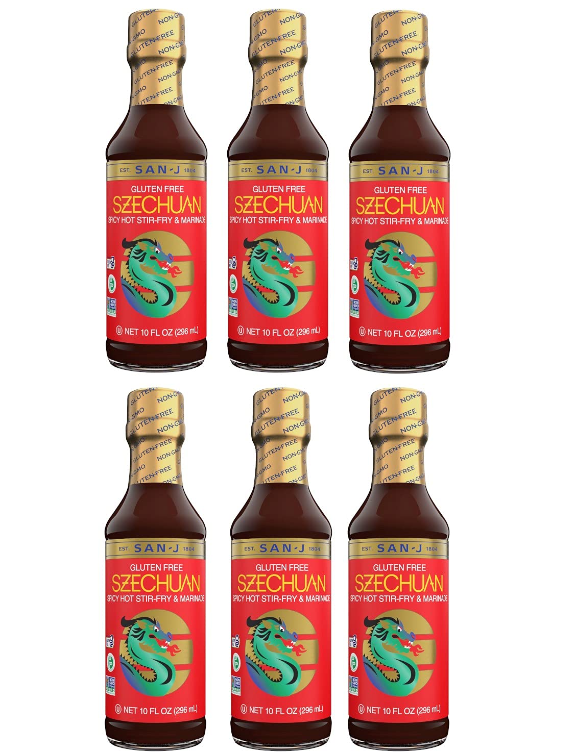 San-J Gluten Free Szechuan Cooking Sauce | Hot & Spicy Marinade & Stir Fry | Kosher, Non GMO, No Artificial Preservatives | Add a New Spicy Twist to Your Favorite Dish | 10 Fl Oz (Pack of 6)