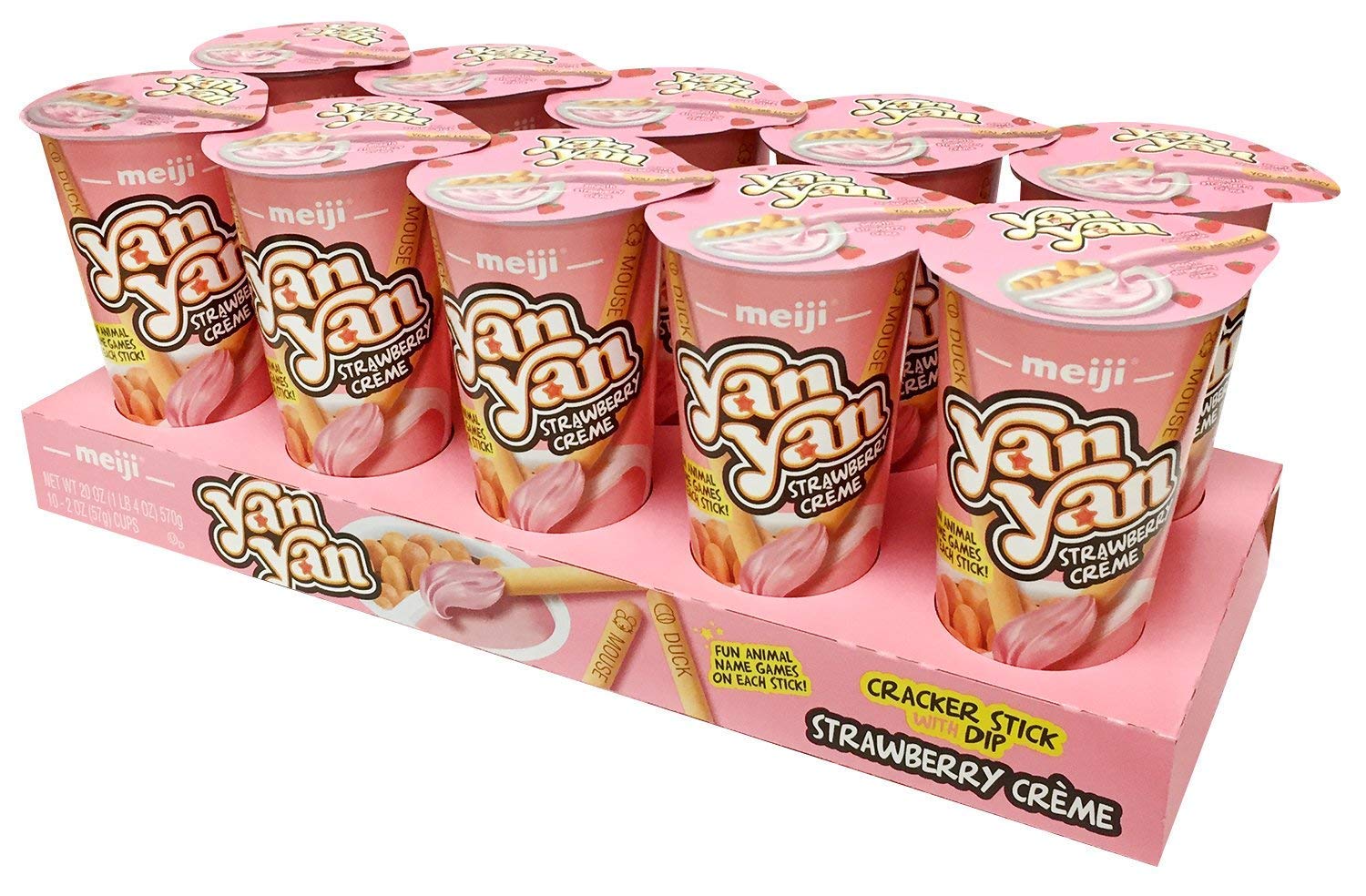 Meiji Yan Yan Dipping Sticks, Strawberry Crème - 2 oz, Pack of 10 - Cracker Sticks with Fun Animals Phrases