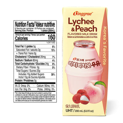 Binggrae Lychee&Peach Flavored Milk (Pack of 24)