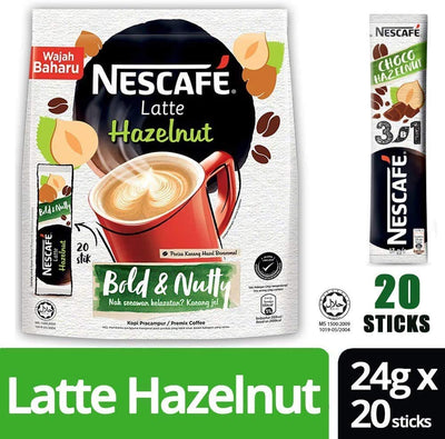 Malaysia Best Brand Nestle NESCAFE Premix Latte Hazelnut / Smooth Creamy Aromatic Nutty Flavor (20 sticks x 24g)