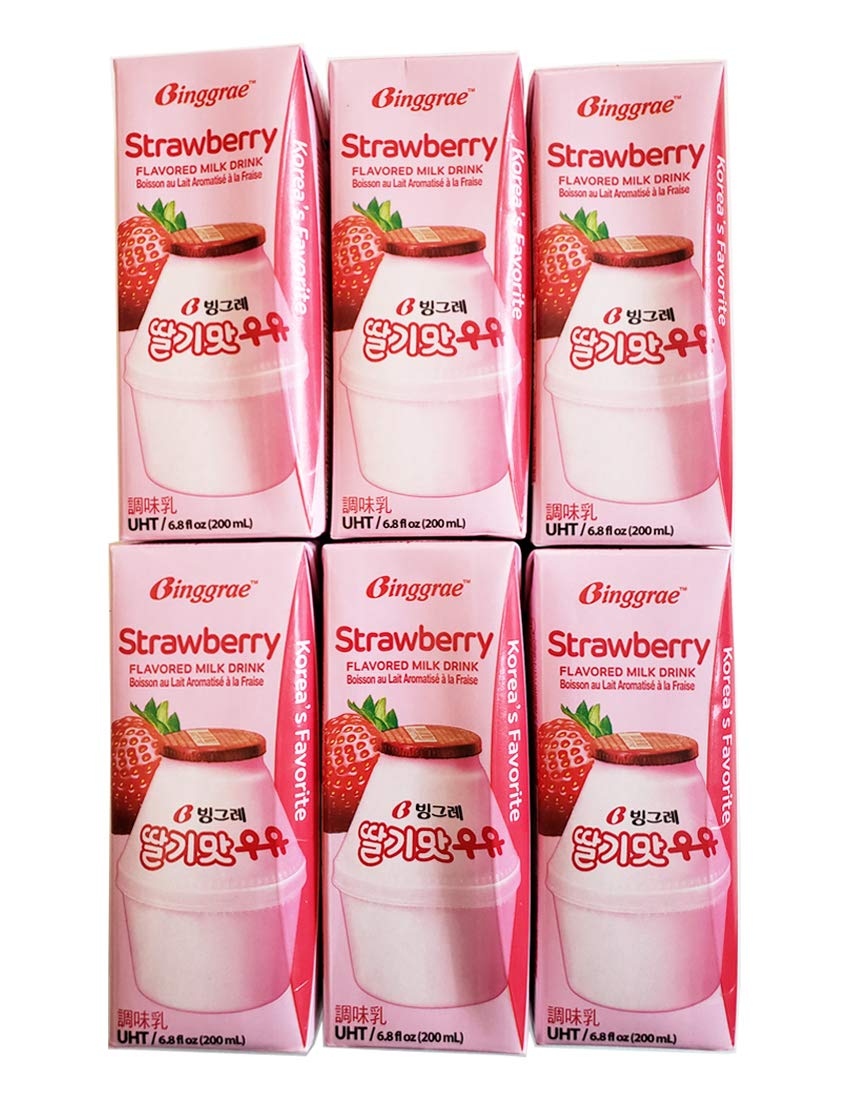 Binggrae Fresh Strawberry UHT Milk Dairy Products, South Korea (Packs of 6)