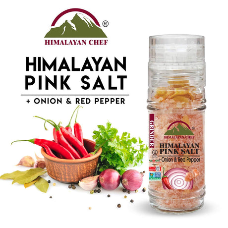 Himalayan Chef Himalayan Pink Salt with Roasted Onion & Red Crushed Pepper-Glass Grinder - Mighty Depot