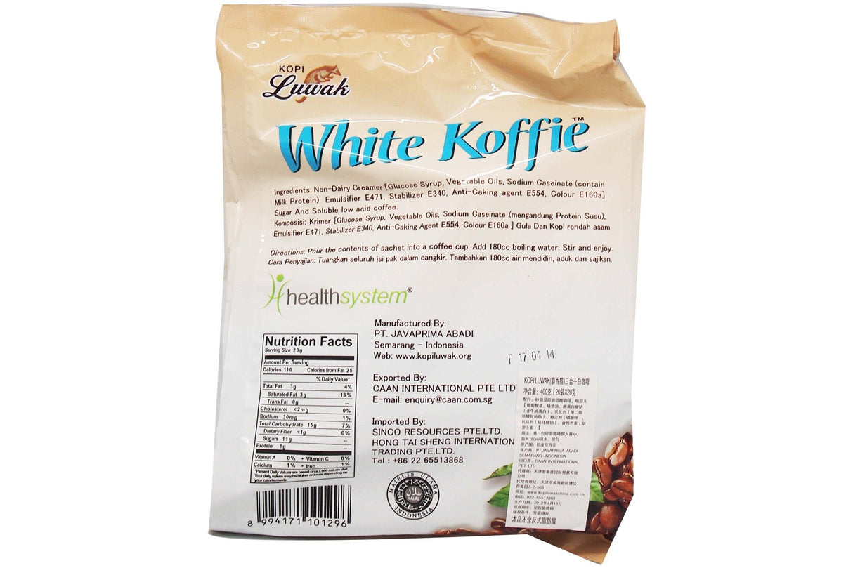 Kopi LUWAK LOW ACID, 100% Pure Wild & Orgranic Civet Coffee, Instant WHITE KOFFIE (3 in1) 20 gram (Case of 10 Bags/200 Sachets) - Mighty Depot