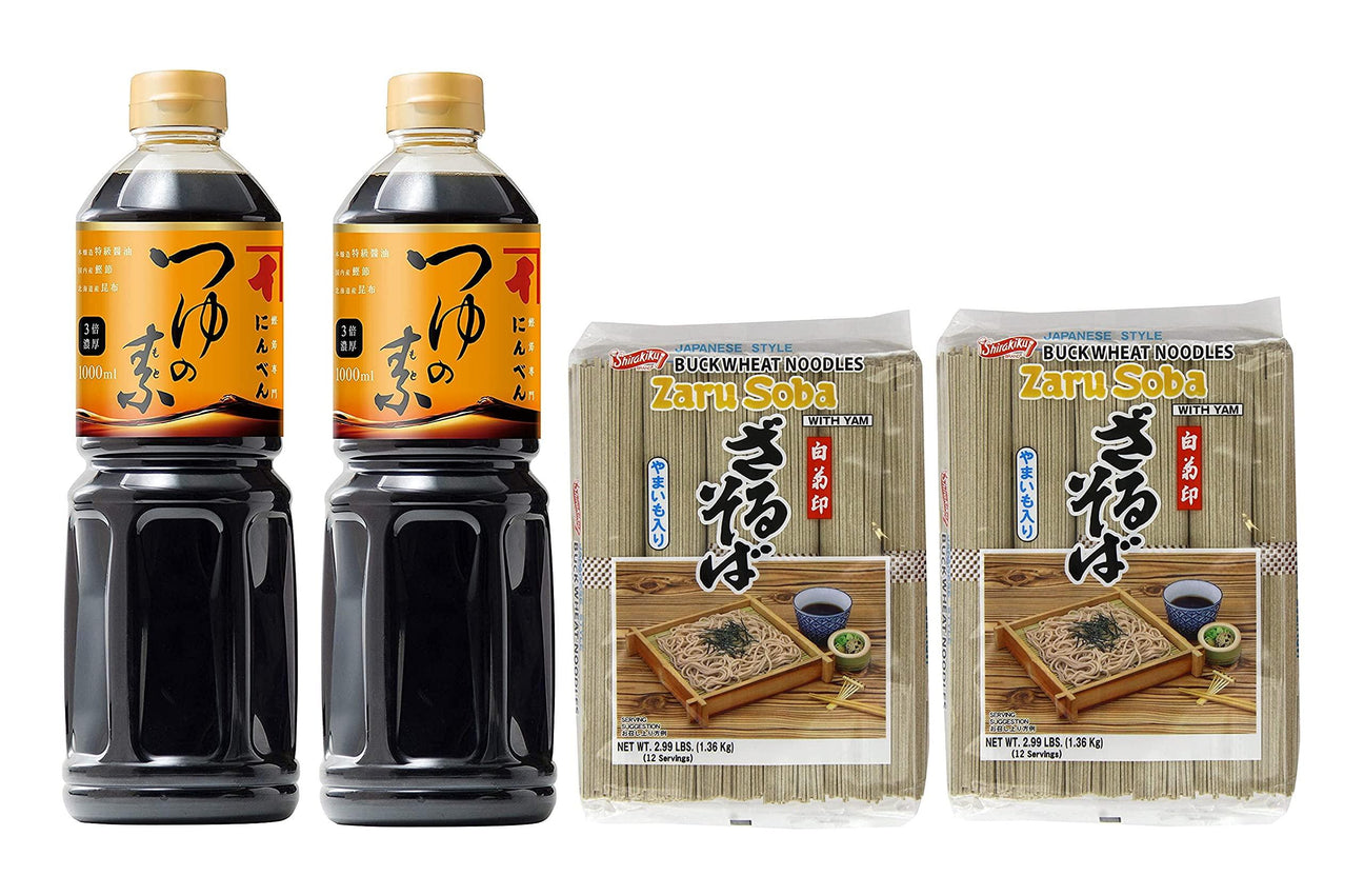 Ninben "Tsuyu No Moto" Japanese Noodle Soup/Sauce (33.8 Fl Oz) & Shirakiku Buckwheat Noodle Zaru Soba (2.99 Lbs) - 2 of Each - Mighty Depot
