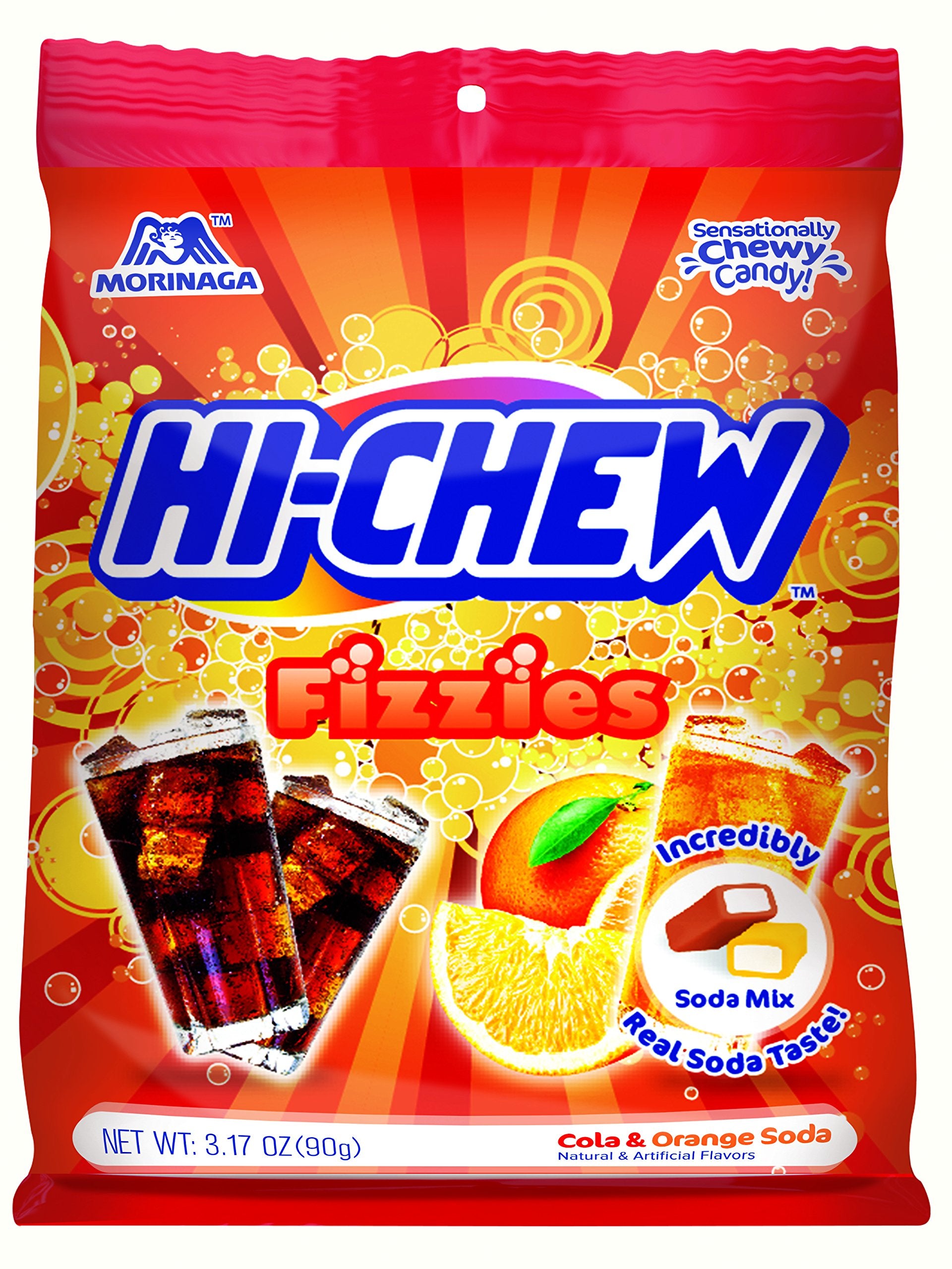 Hi Chew Fizzies Cola and Orange Soda Mix Chewy Candy - Display, 3.17 Ounce Peg Bag -- 6 per case.