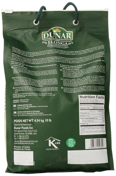 Dunar - Elonga Basmati Rice Premium 1121 Long Grain, 10 Lb