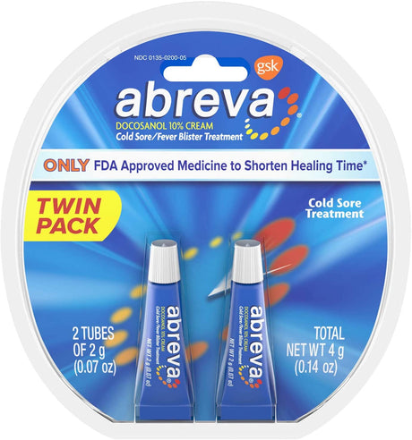 Abreva Docosanol Cold Sore Treatment 10% Cream Tube, Only FDA Approved Treatment for Cold Sore and Fever Blister, 2g Tube (Pack of 2) - Mighty Depot