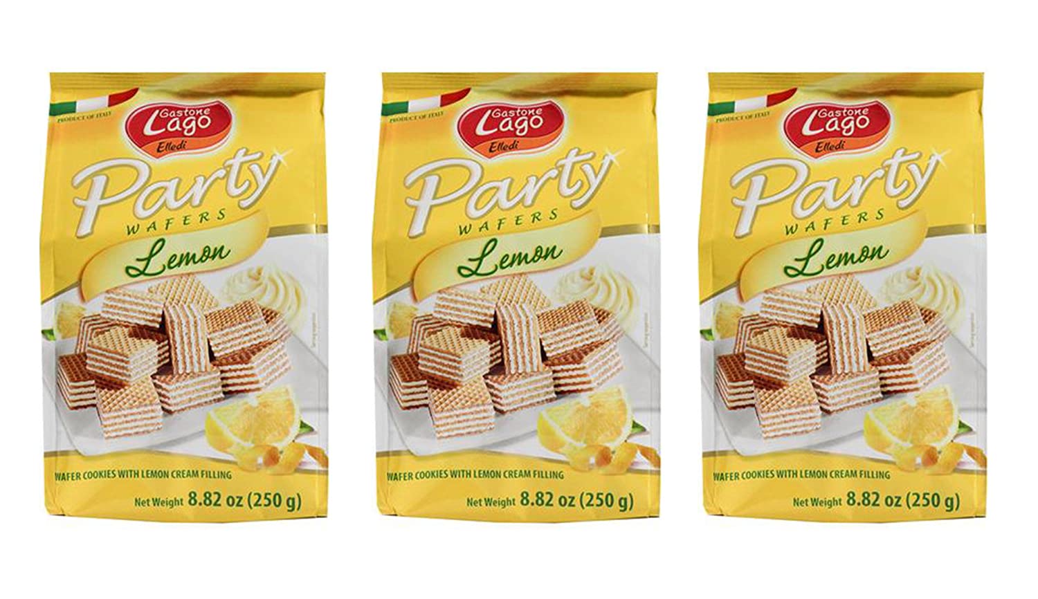 Gastone Lago Party Wafers Lemon Cream Filling 8.82 oz, 250g (Pack of 3) (Lemon, 3-Pack)