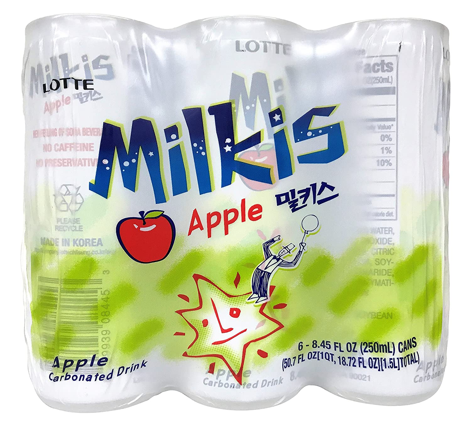 LOTTE Milkis Soda Beverage, Apple, 8.45 Fl Oz, Pack of 6