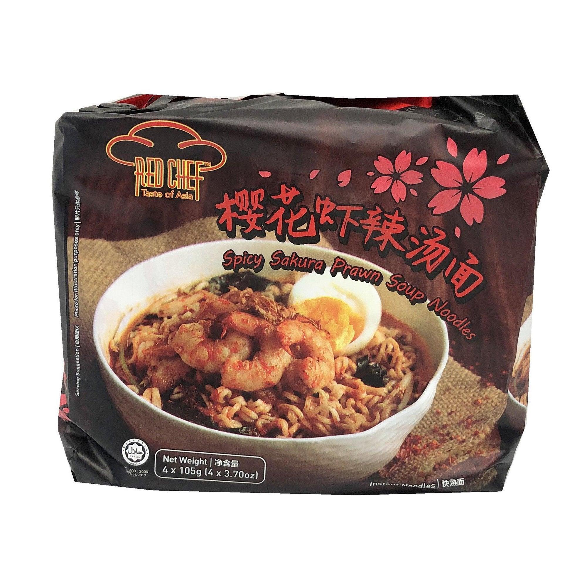 Red Chef - Spicy Sakura Prawn Soup Noodles, 14.8 Ounces (3.7 oz/pack), (1 pack of 4)