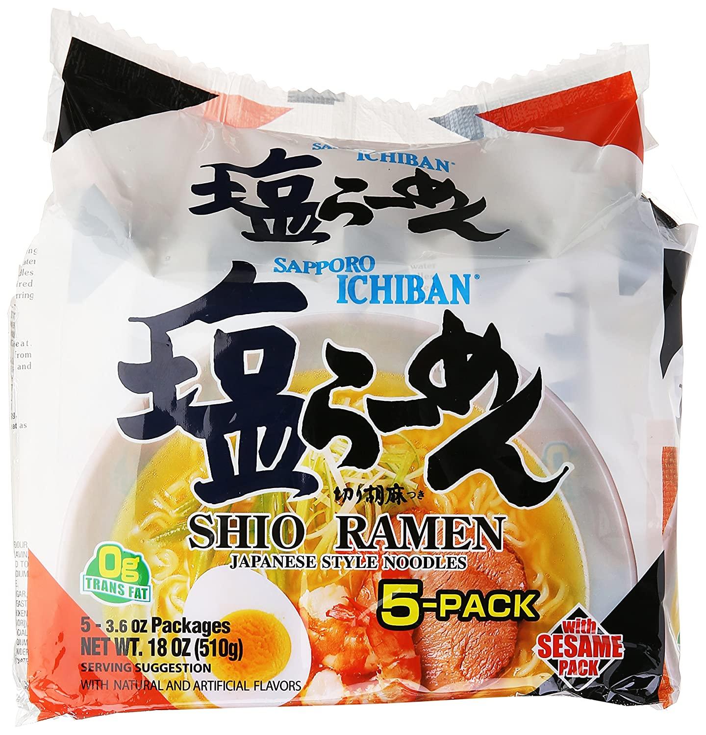 Sapporo Ichiban Instant Bag Shio Ramen Noodles, 3.6 Ounce, (Pack of 5)