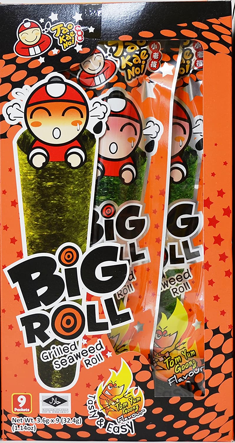 Tao Kae Noi Big Roll Grilled Seaweed Roll 9 Packets Per Box, (32.4 g) - 3 Boxes (Tom Yum Goong Flavour)